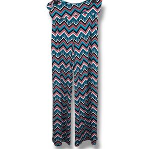 Large 2B Clothing Colorful Wide Leg Pants Stretch Chevron Teal Blue Boho